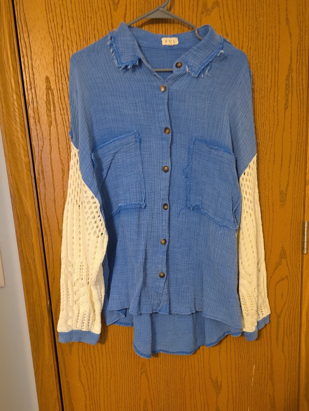 POL Blue Button-Front Top with Cream Knit Sleeves